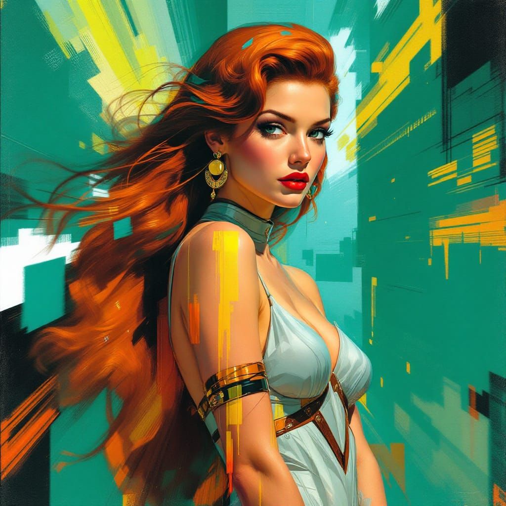 Redhead Pin-Up Girl in Vibrant Sci-Fi Portrait