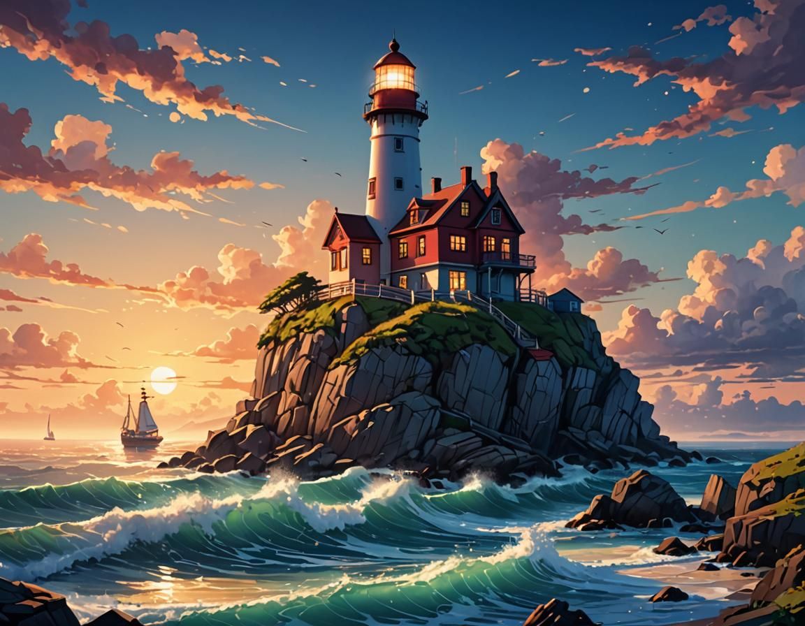 Beautiful Coastal Lighthouse Illustration in Vibrant Colors