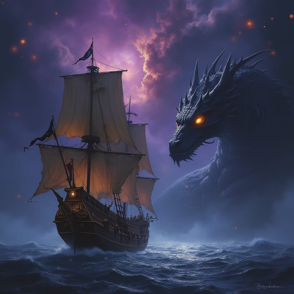 Galleon Navigates Stardust Sea with Celestial Dragon