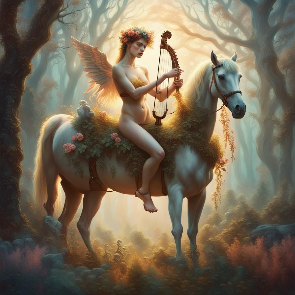 Majestic Centaur Playing Lyre in Misty Forest