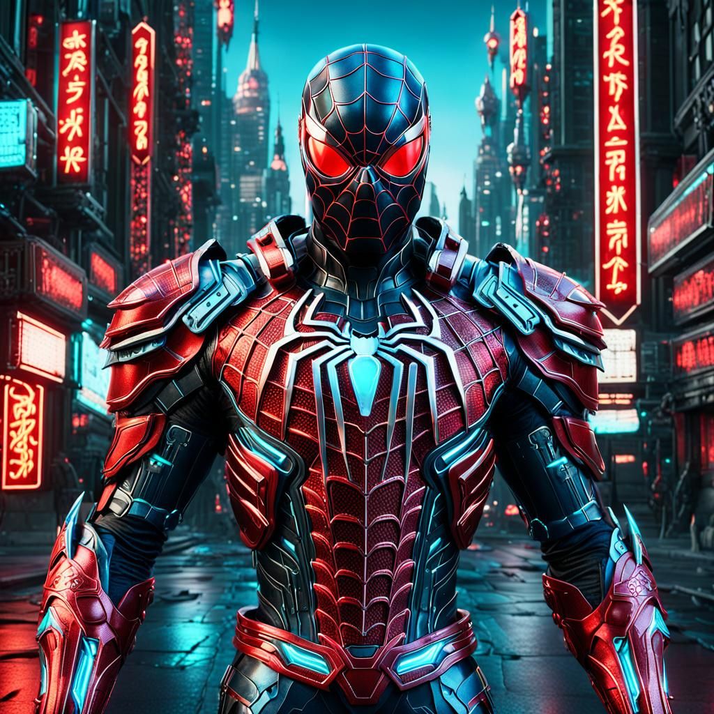 Spider-Man in Rococo Red Armor Cyberpunk Cityscape