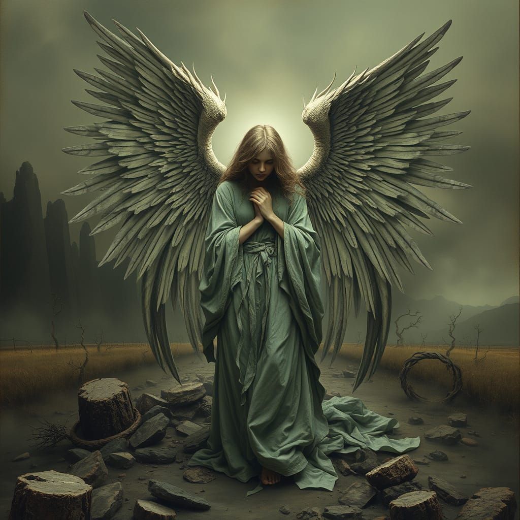 Languid Angel in Desolate Landscape, Dark Gothic Art