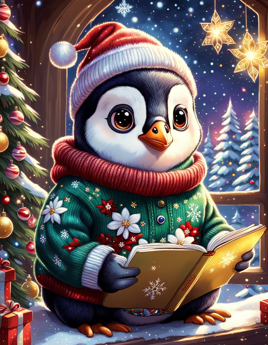 Christmas Penguin Reading in Cozy Nook