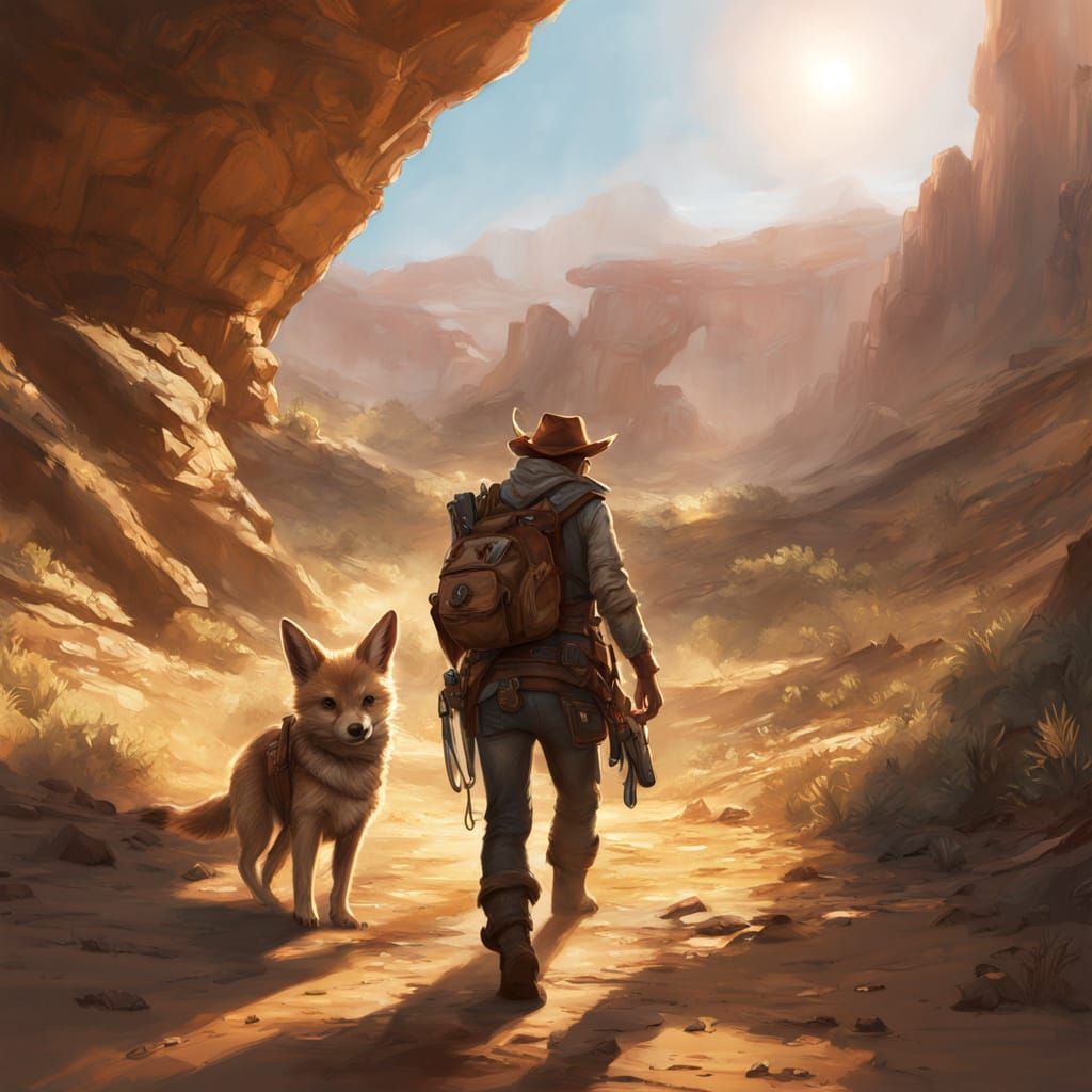 Gnomes Ride Fennec Fox in Desert Ravine, Hyper-Realistic Dig...