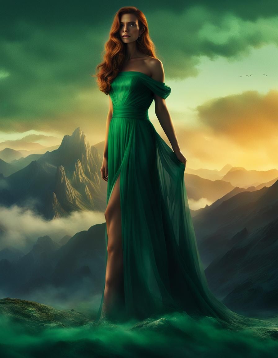 Elegant Woman in Emerald Dress, Cinematic Digital Art