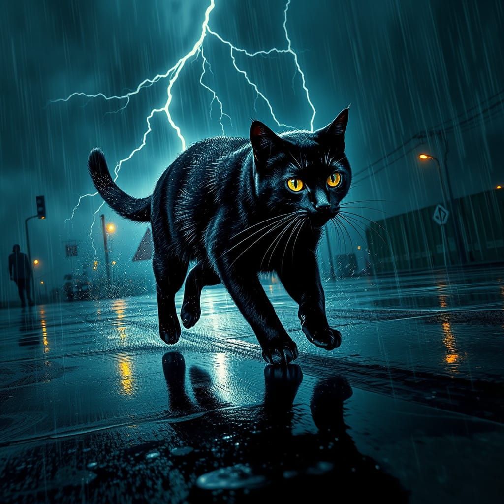 Thunderous Feline Sprint in a Torrential Storm
