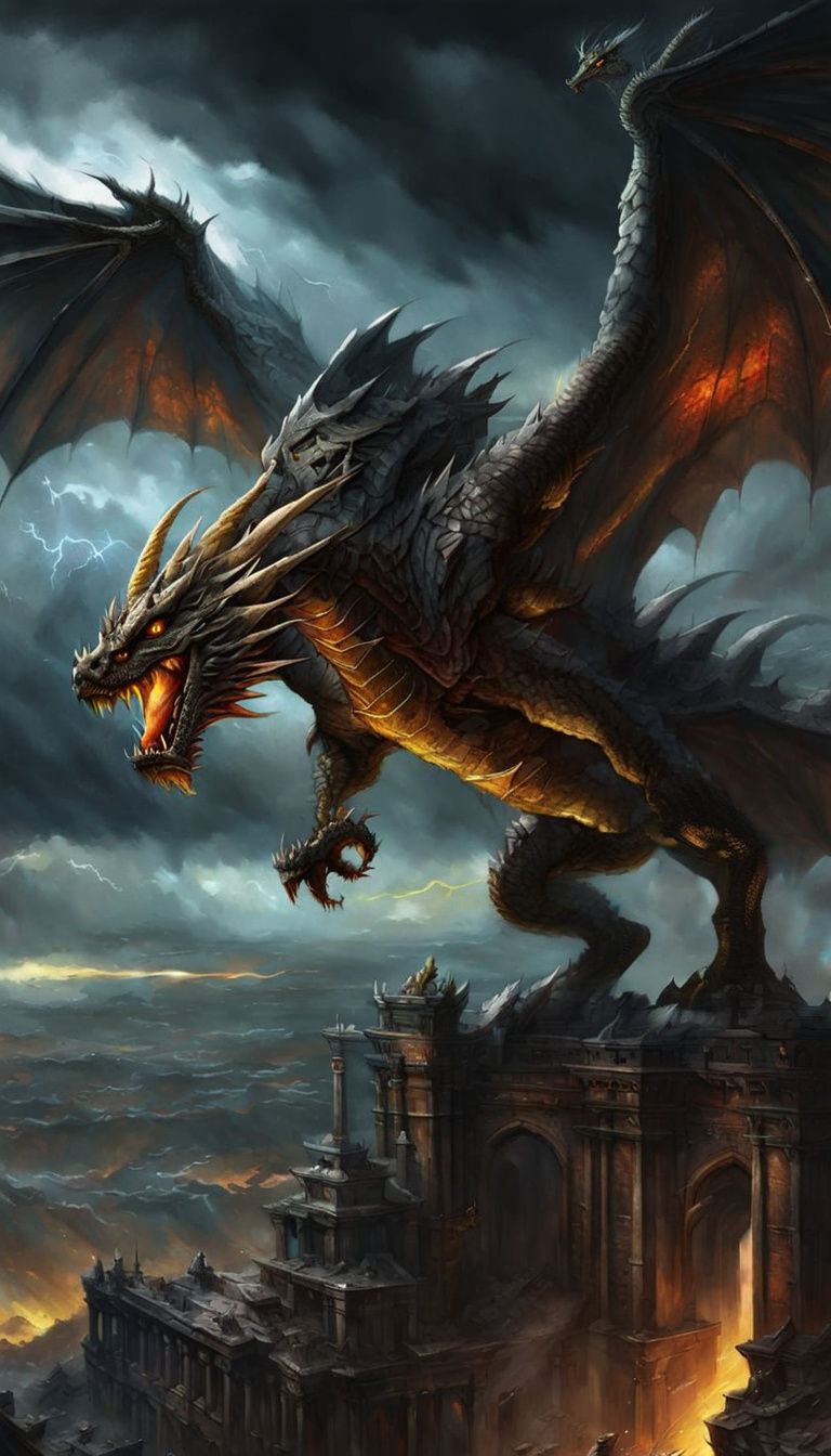 Bronze Dragon Soaring Through Stormy Skies