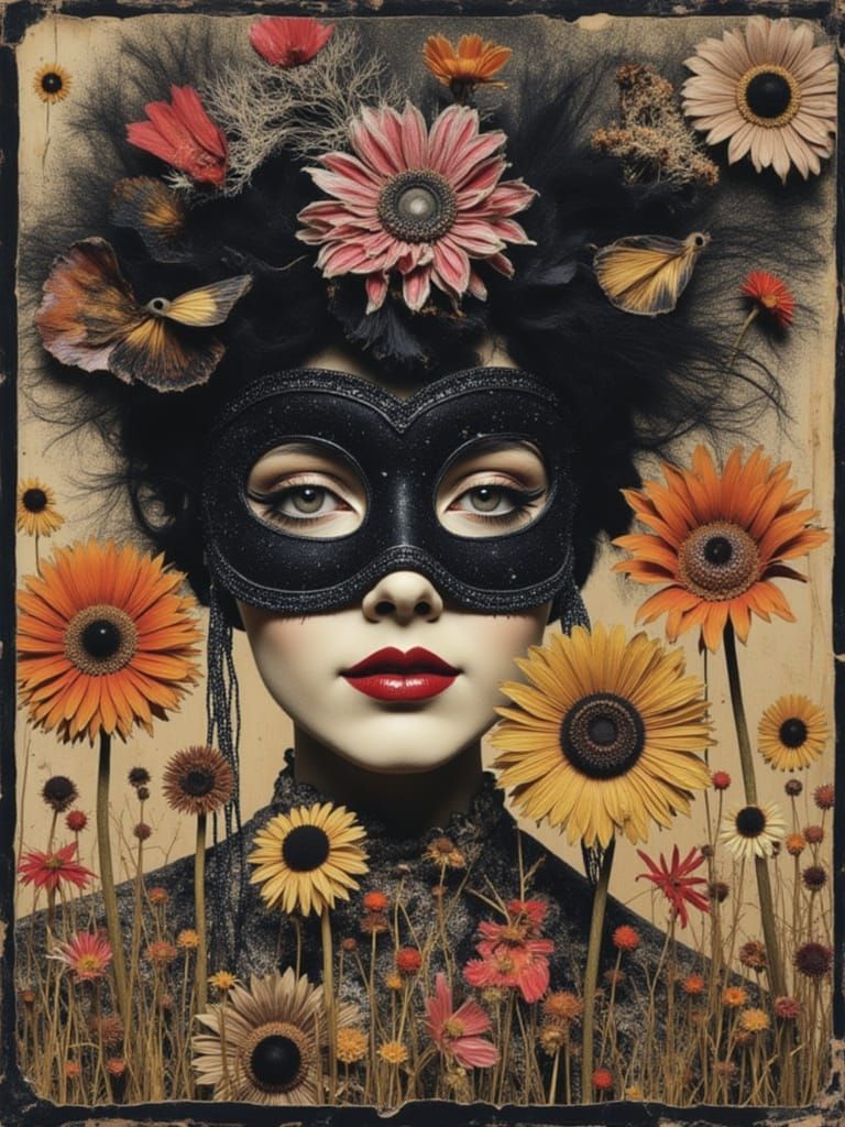 Bohemian Woman in Sparkling Carnival Mask with Floral Collag...