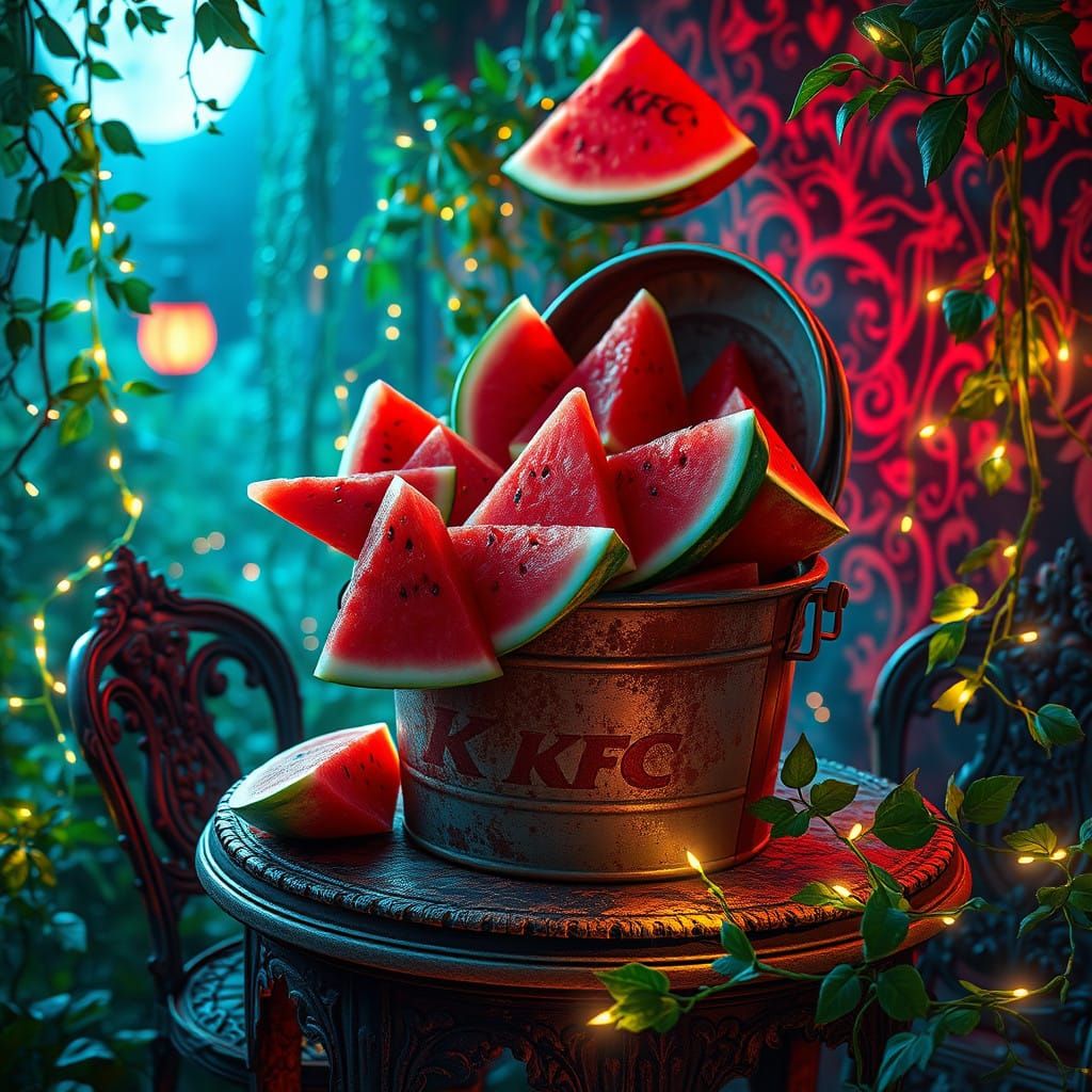 Watermelon Slices Spill from Rusty KFC Bucket in Enchanted G...