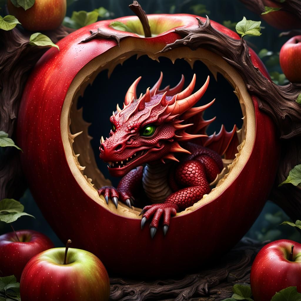 Baby Red Dragon Sleeping in Apple: Detailed Matte Painting