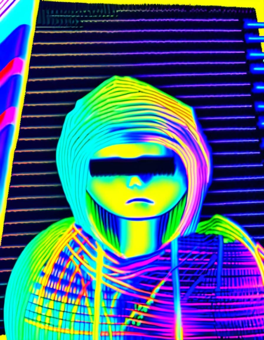 Neon Dystopian Figure Glitch Art Close-Up