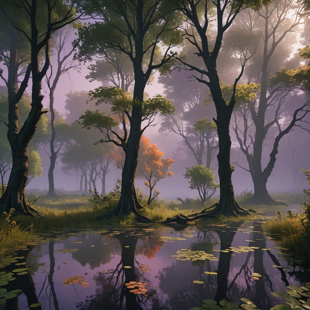 Energetic Forest Scene with Purple-Orange Light