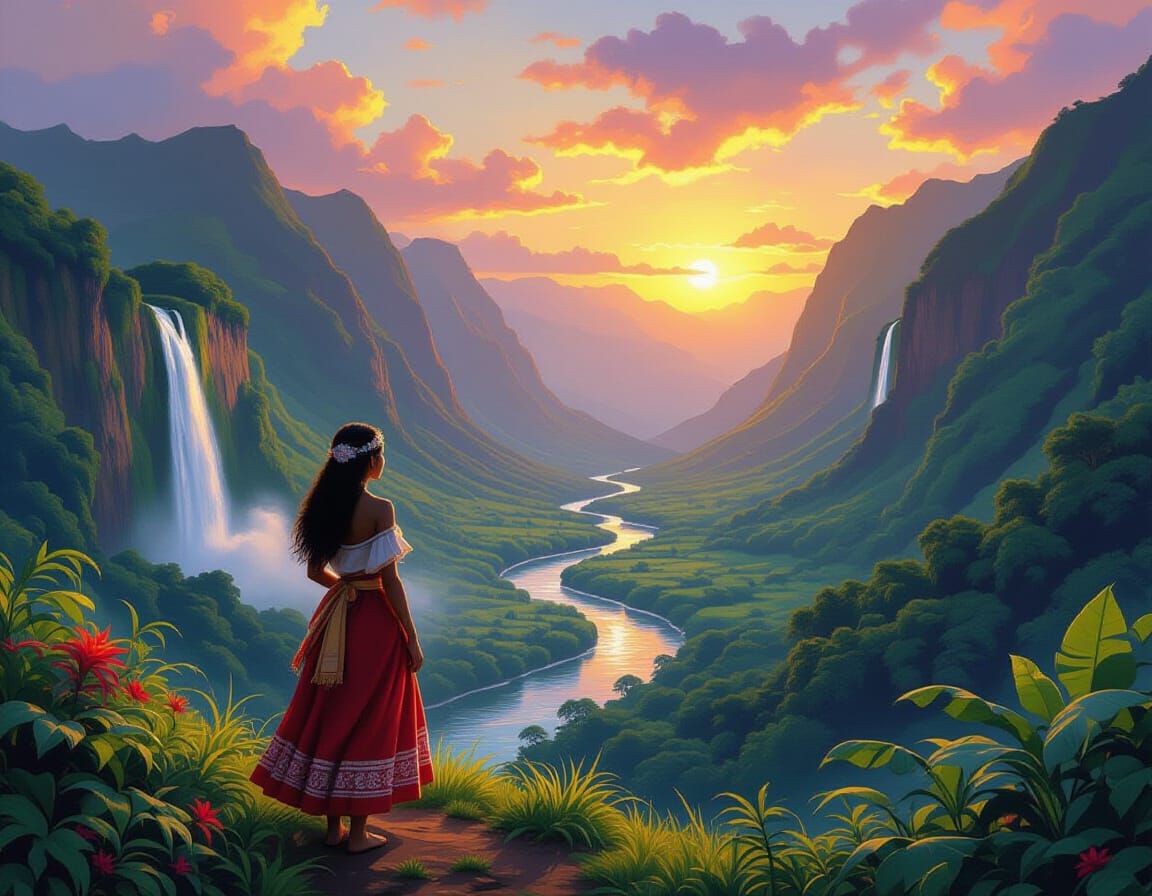 Hawaiian Woman in Waipio Valley at Sunset