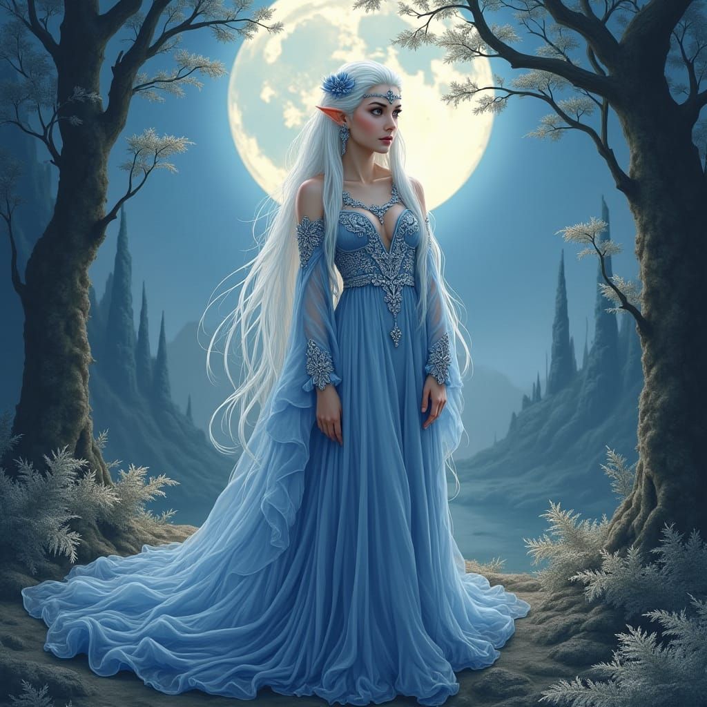 Ethereal Moon Elf Sorceress in Dreamlike Forest