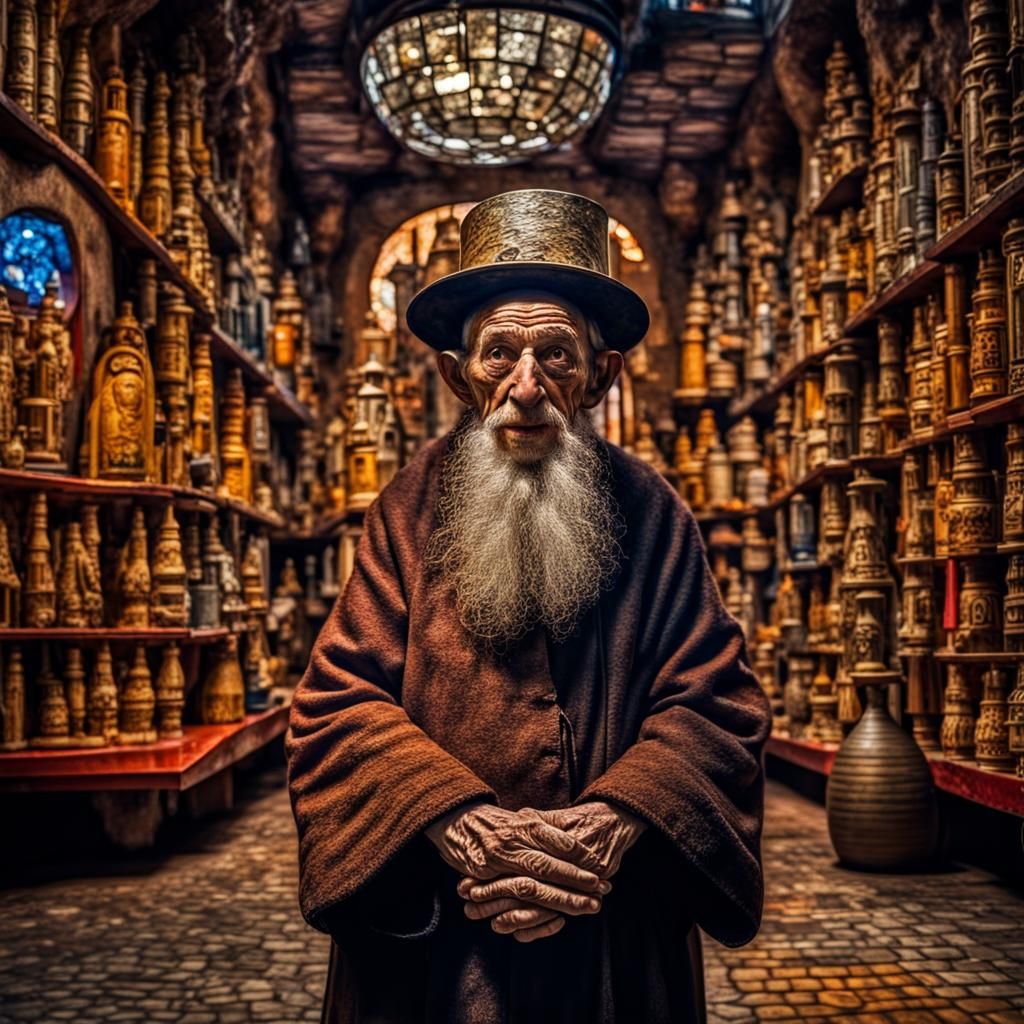 Old Monk in Hundertwasser Style, Hyperrealistic