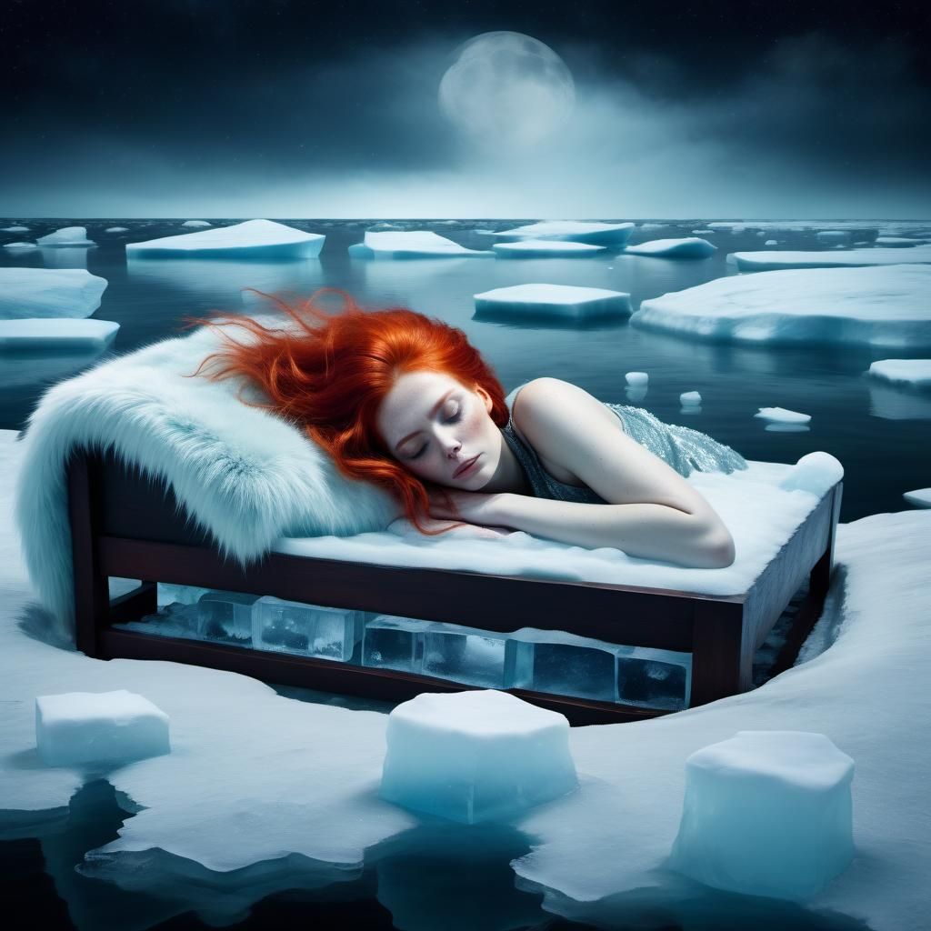 Redhead in Fur Coat Asleep on Ice Bed