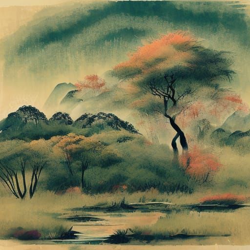 Surreal Japanese Lady in a Red Hooded Dress at Dawn