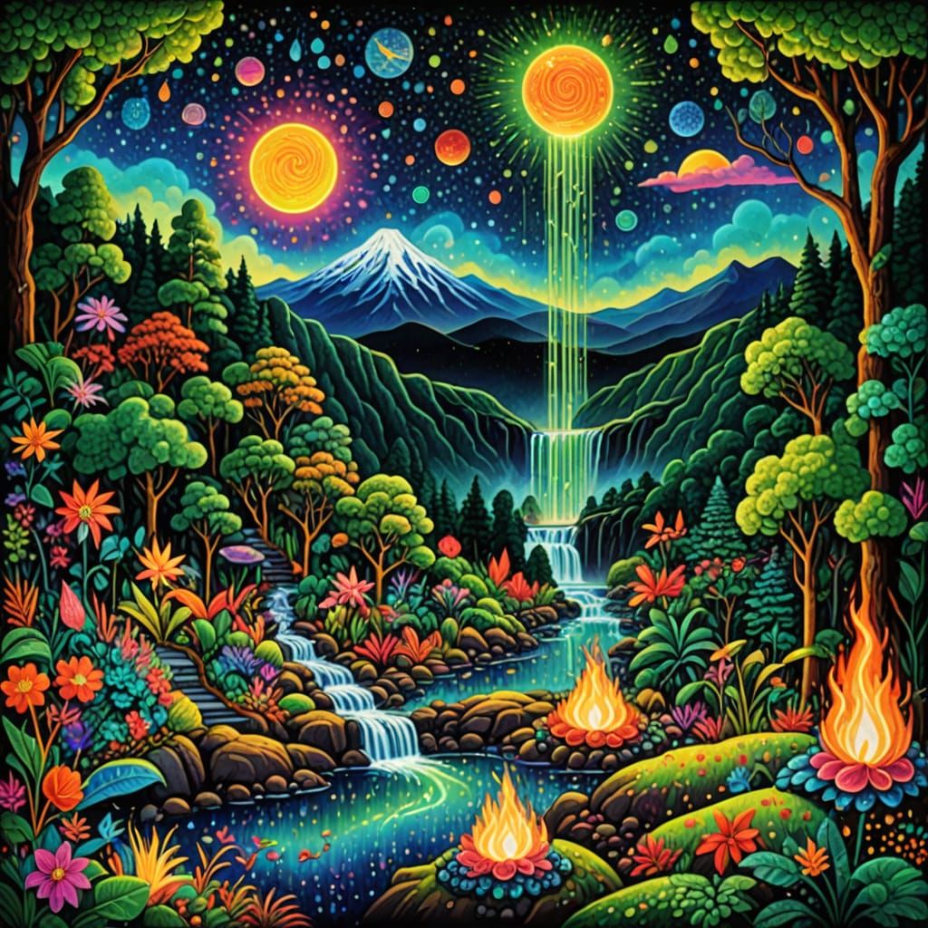 Psychedelic Abstract of Indigenous Ceremony and Cosmic Eleme...