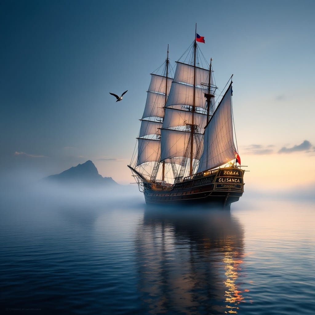 Grand Windjammer Sails Through Misty Dawn