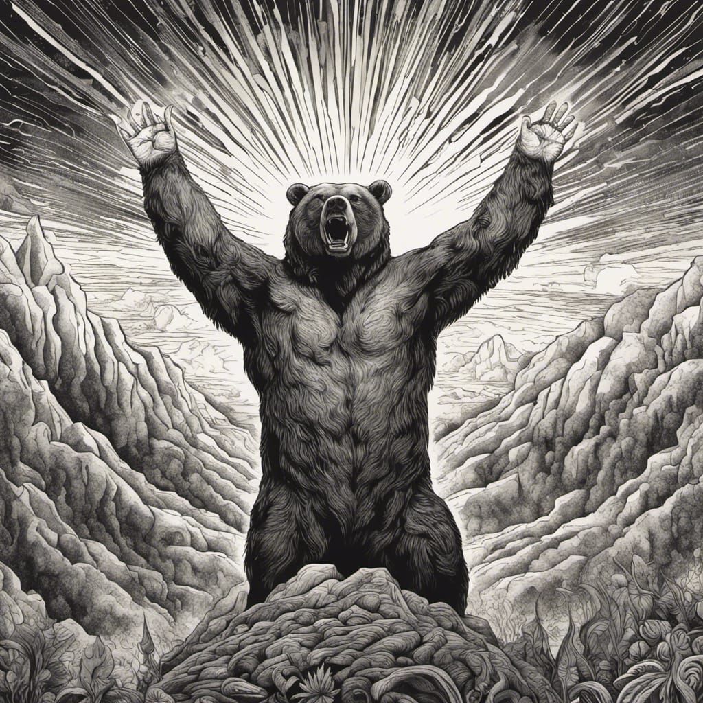 Bear Rises Hands in Pen Contour Drawing