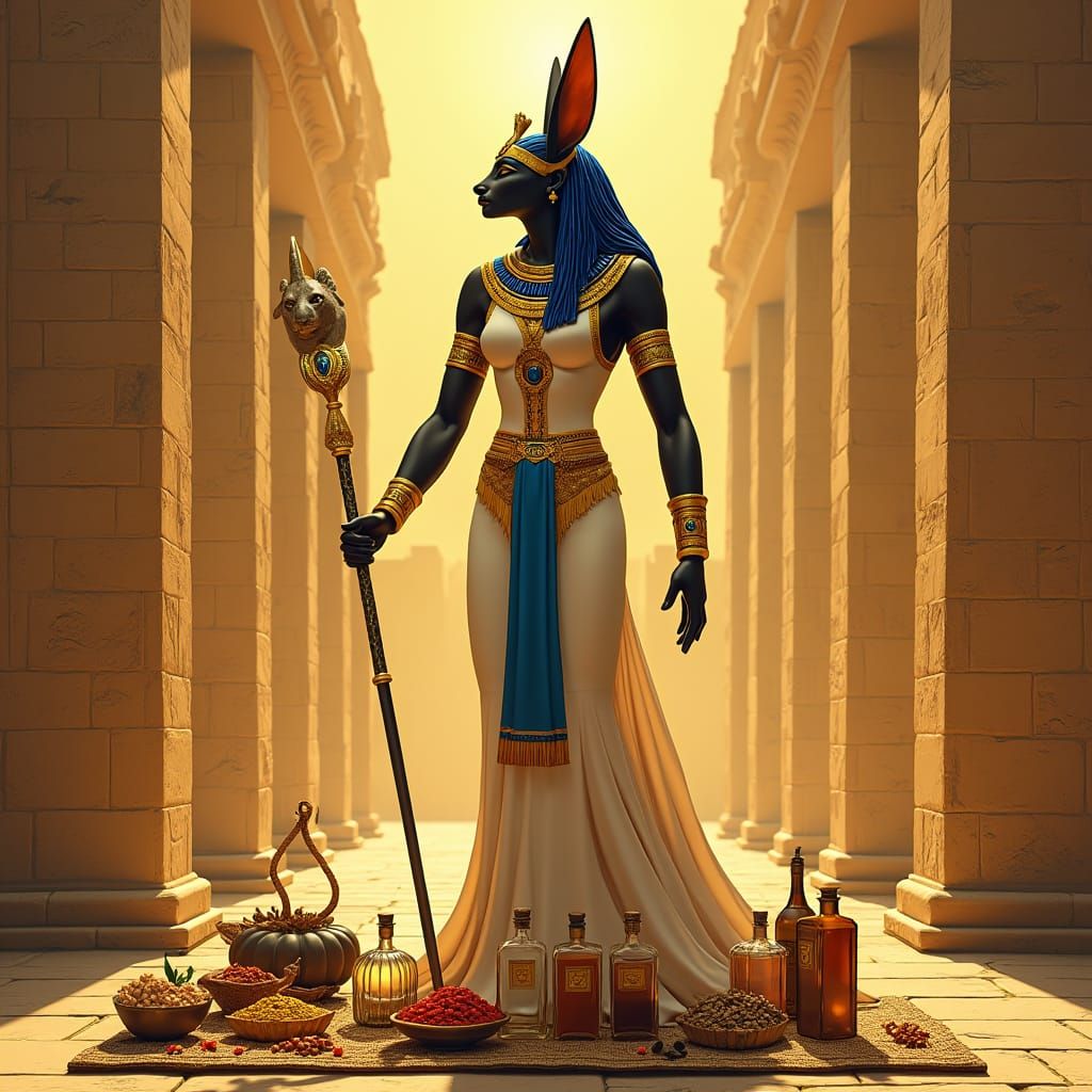 Egyptian Goddess Bastet with Sistrum in Ancient Art Style
