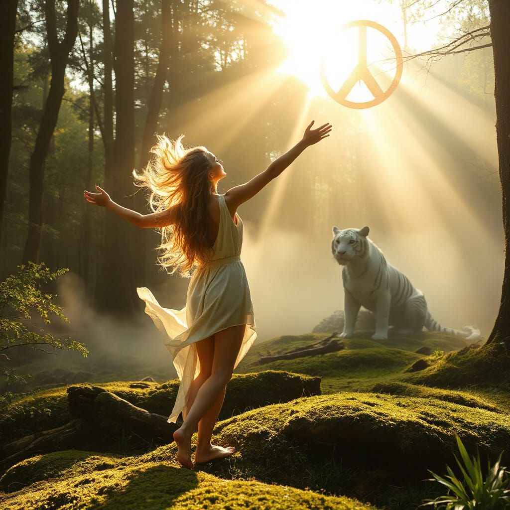 Celtic Woman and Spirit Tiger-Dragon in Ethereal Forest