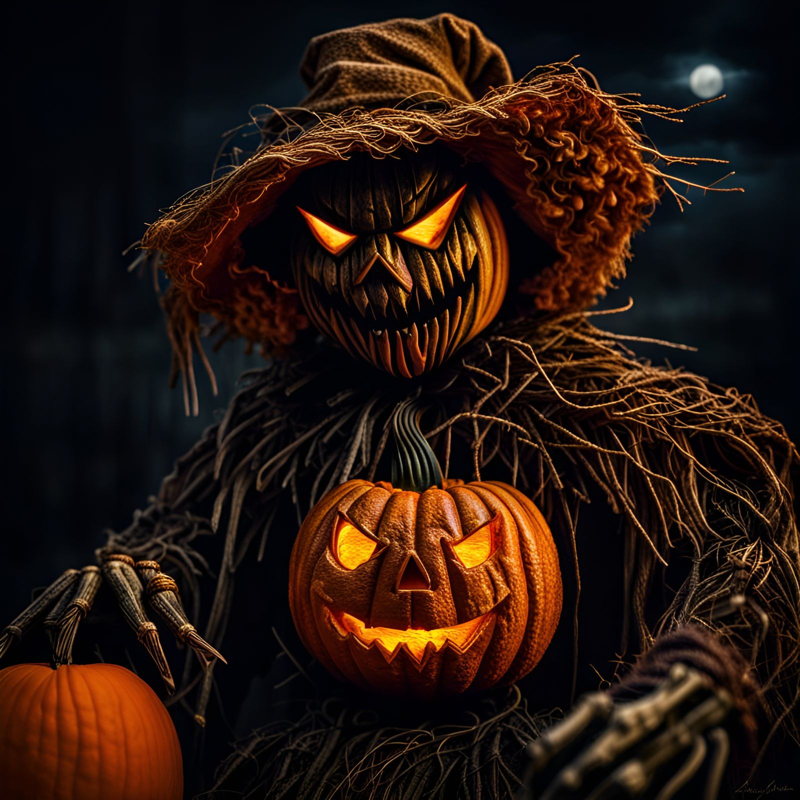 Hyperrealistic Scary Jack-o'-lantern Scarecrow in HDR