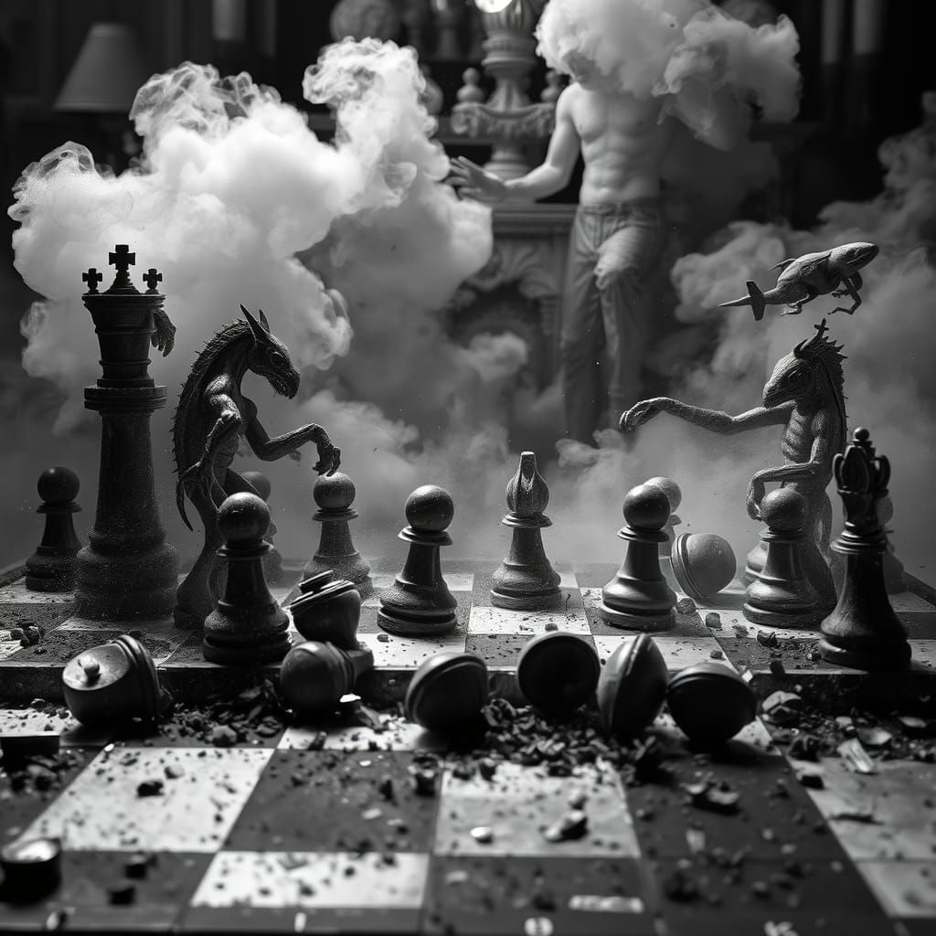 Chess Piece Battle in Surreal Dystopian Style