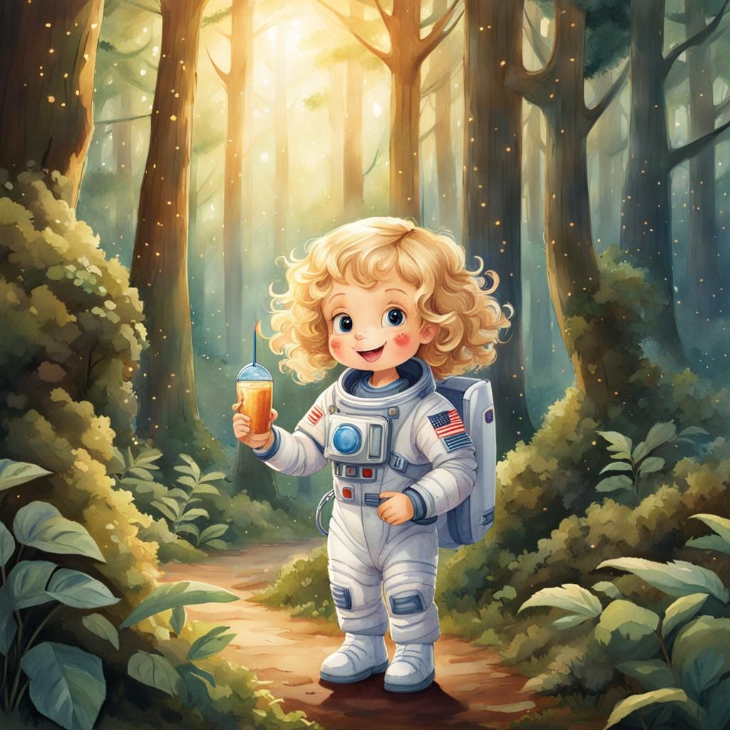 Girl in Spacesuit Eating: Watercolor Children's Illustration