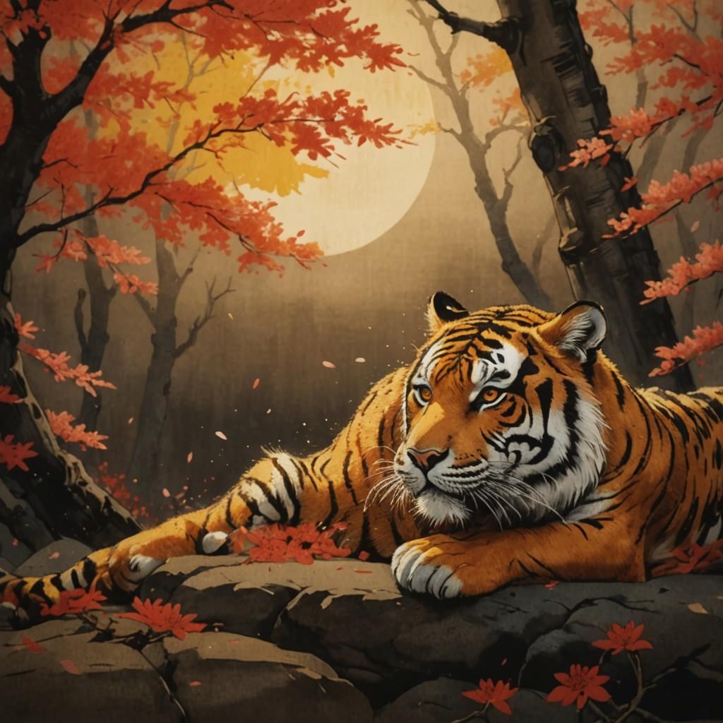 Tiger Face in Ukiyo-e Style with Cherry Blossoms