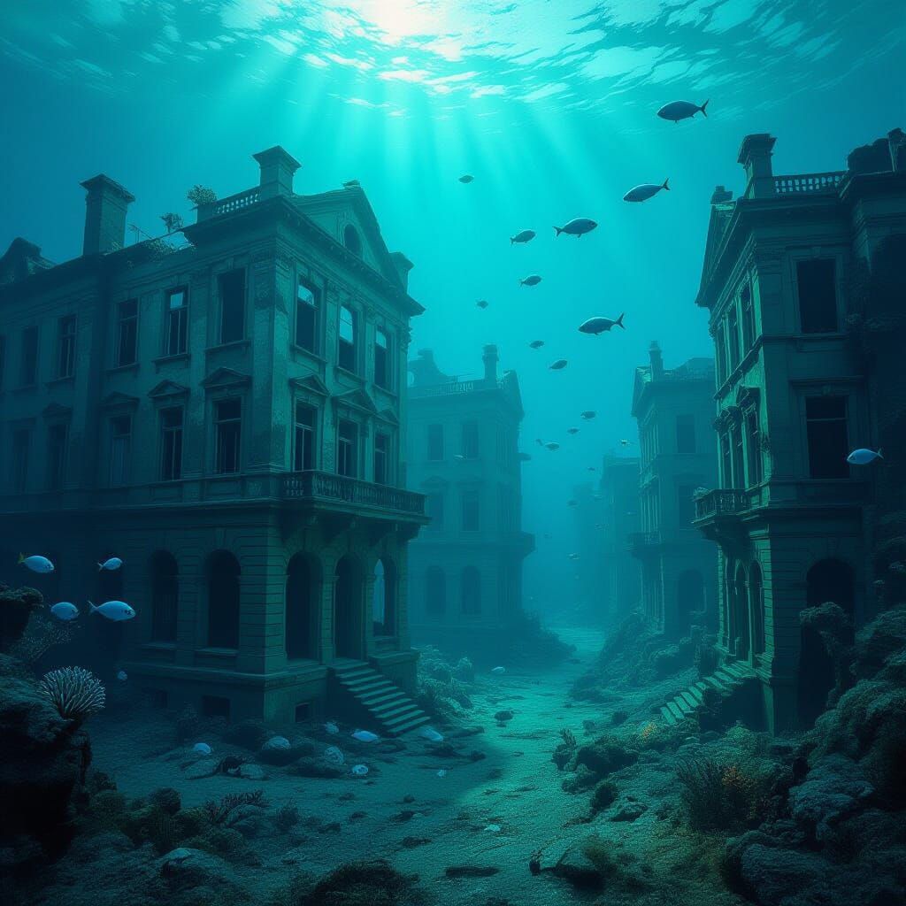 Abandoned 1900s City Underwater with Vibrant Coral