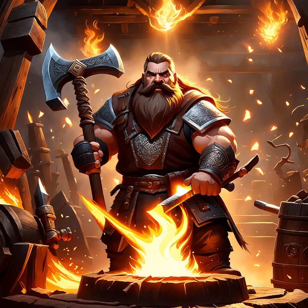 Dwarf Blacksmith Forging Runed Axe in Warcraft Style
