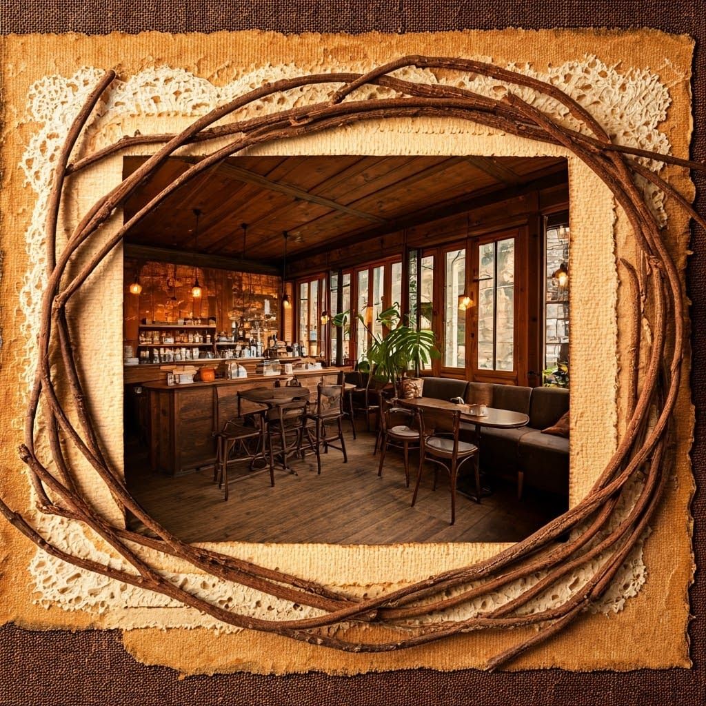 Autumnal Collage: Coffee House in Organic Paper Art