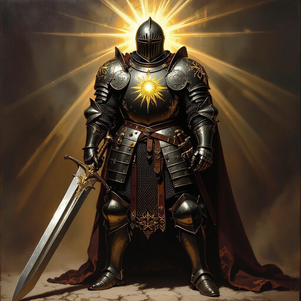 Knight with Sun Emblem Zweihander in Oil Painting Style