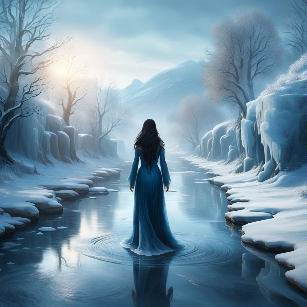 Woman in Blue Dress Walking in Snowy Waterway