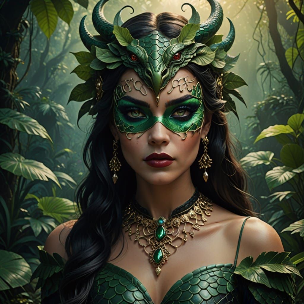 Enchanting Fantasy Woman in Lush Jungle, Snake Mask, and Exo...