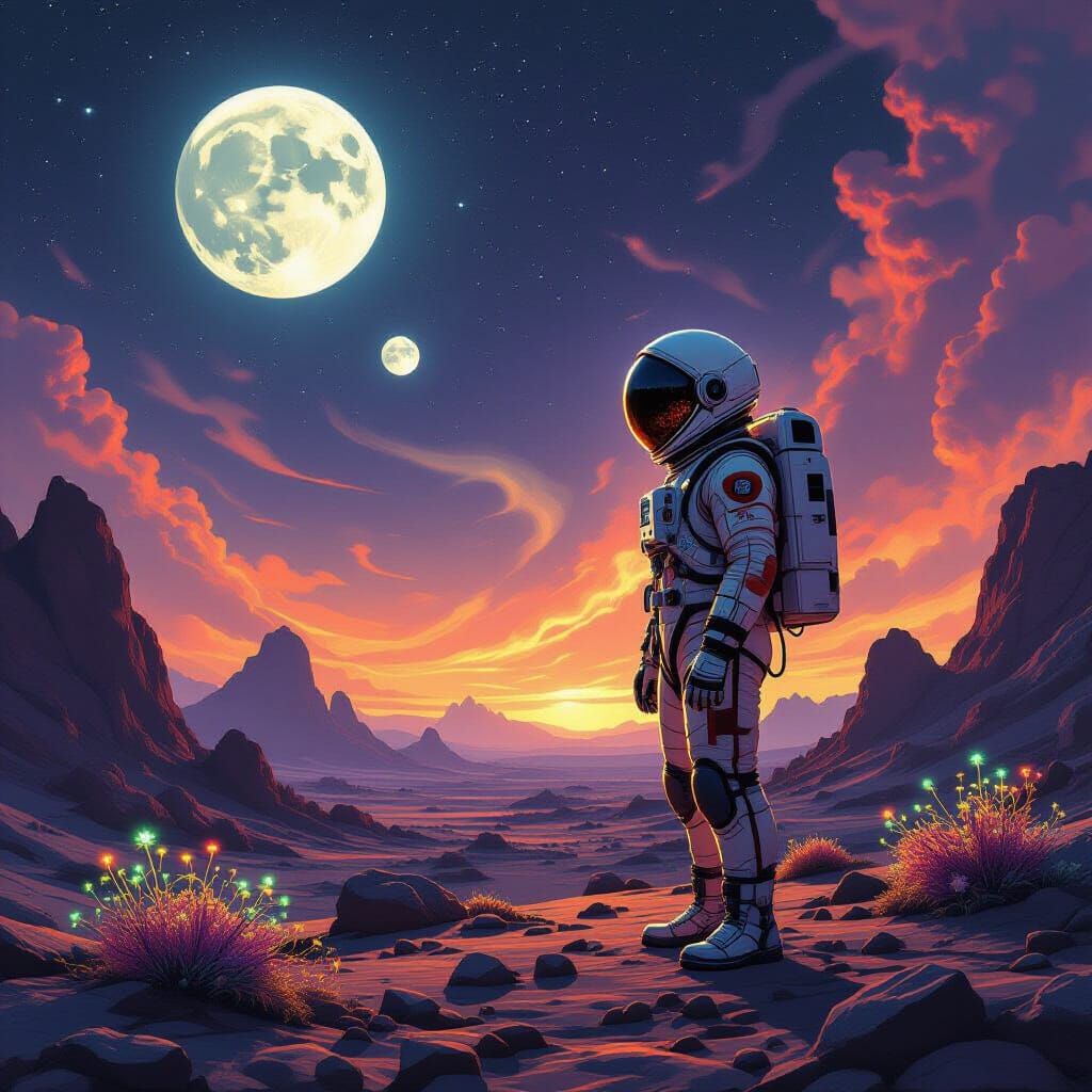 Astronaut on Alien Planet Under Twin Moons