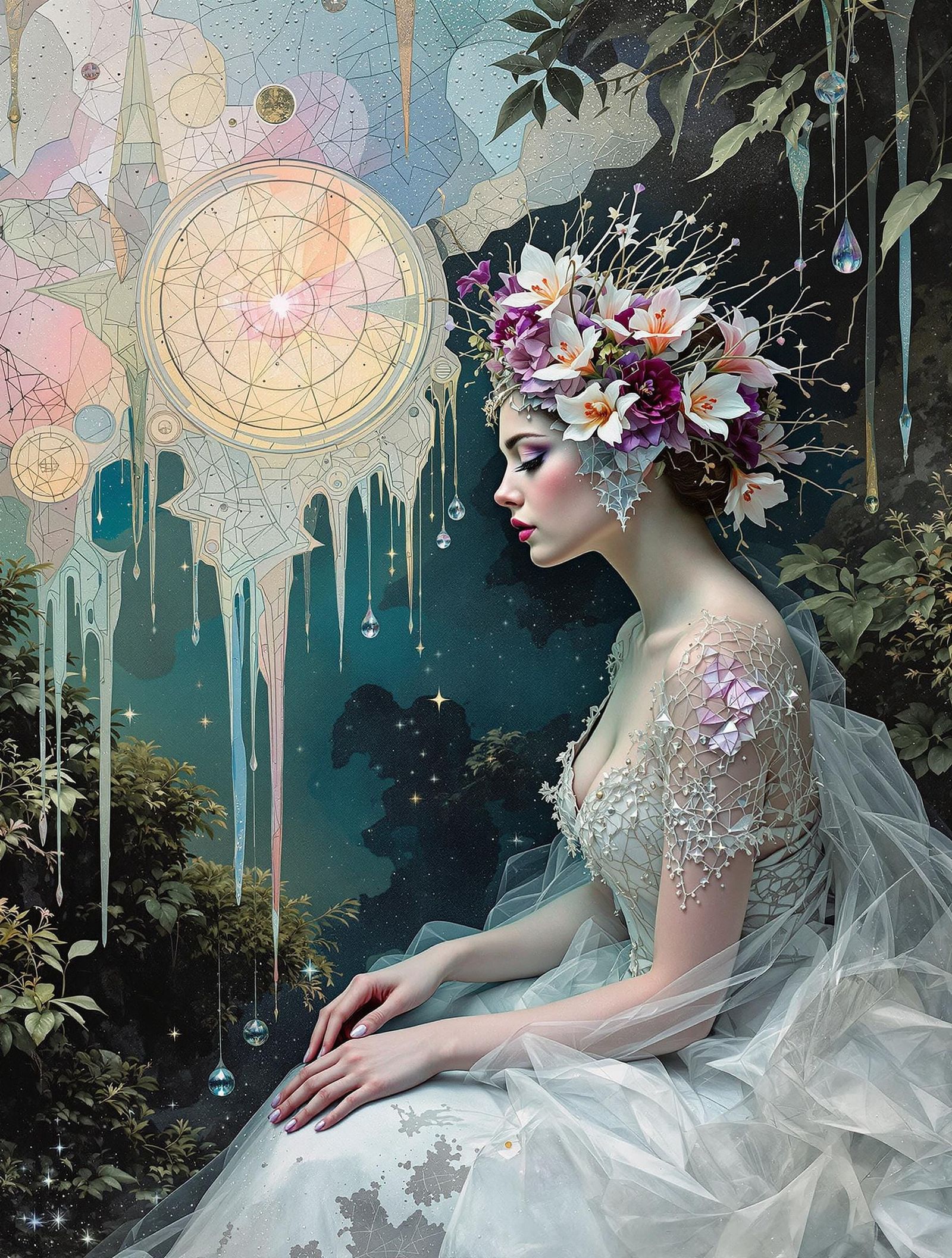 Enigmatic Celestial Bride in Whimsical Abstract Rainforest