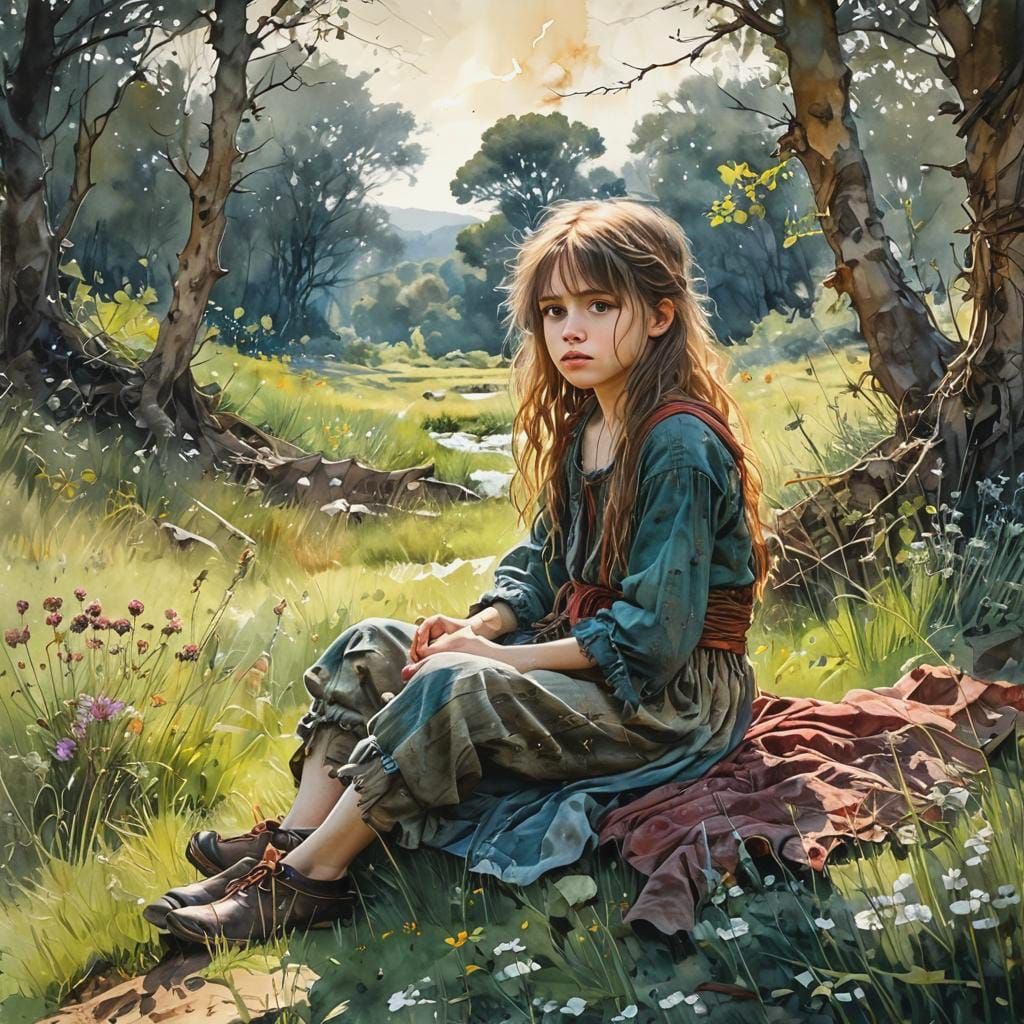Orphan Girl in Meadow: Watercolor and Ink Illustration