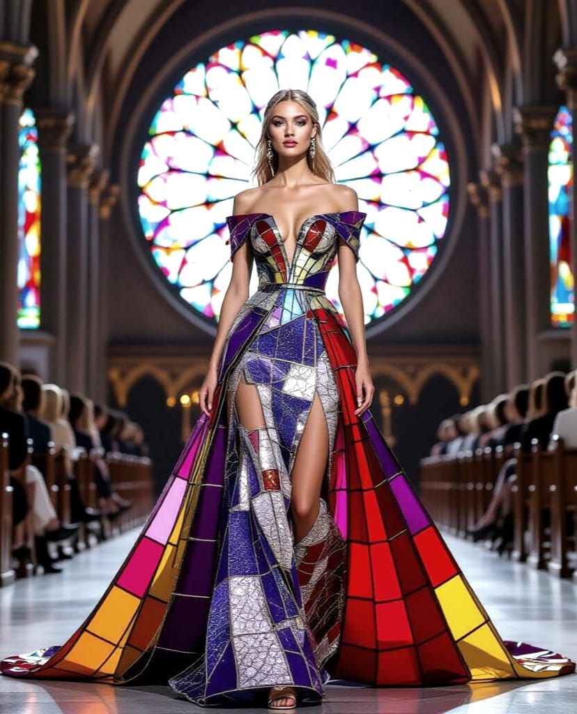 Beautiful Woman in Stained Glass Gown Inside Cathedral