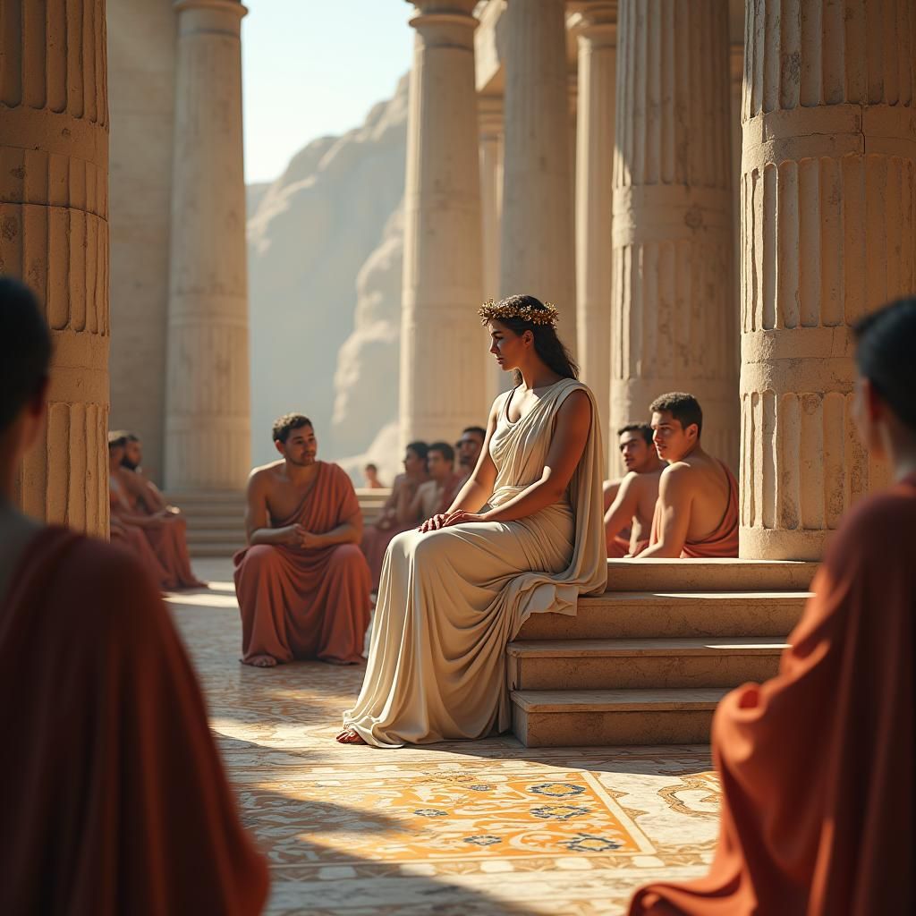 Athena Inspires Philosophers in Ancient Greek Temple