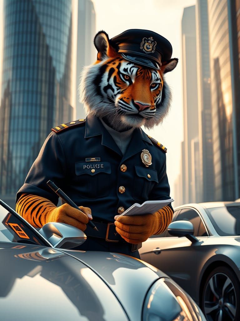 Futuristic Police Tiger Issues Parking Ticket in Utopian Cit...