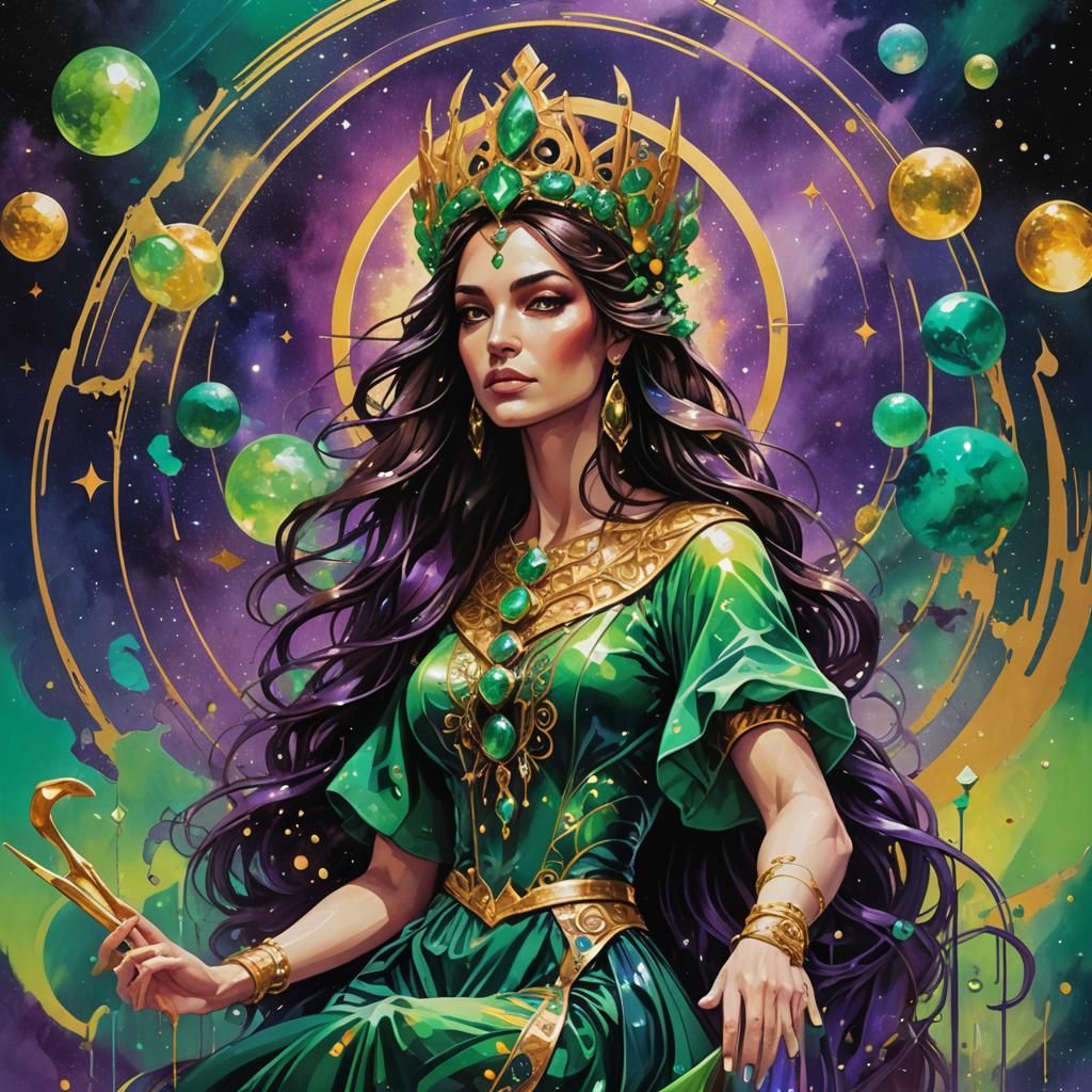 Galaxy girl brunette tarot empress Libra goddess emerald green violet copper wardrobe beauty splendid full spectrum roya...