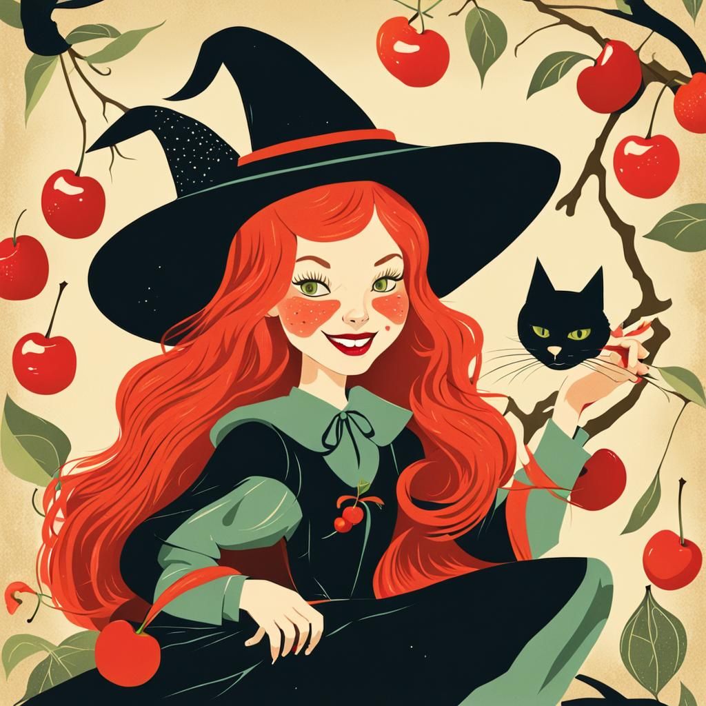 Retro Mid-Century Witch in Cat Costume Illustration