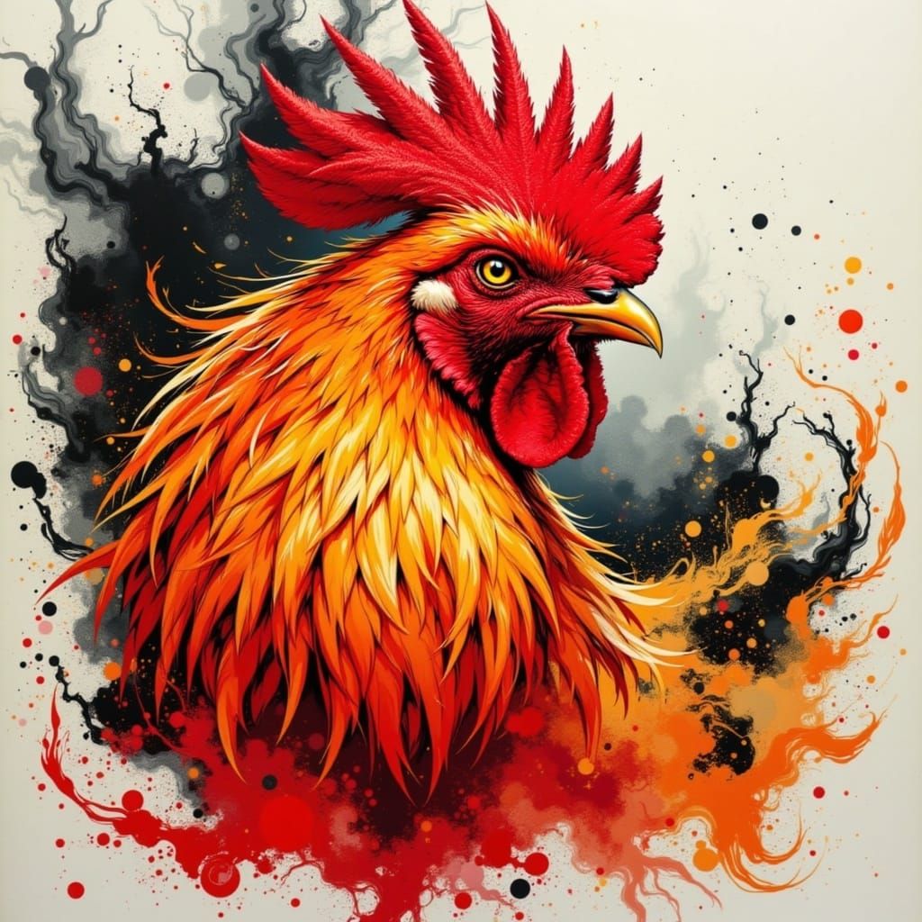 Dynamic Rooster in Motion, Fierce and Raw, In the Style of R...