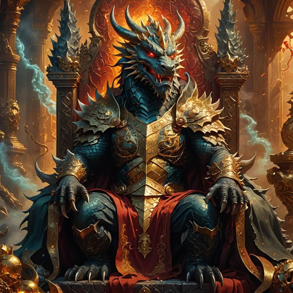 Dragon King on Throne in Vibrant Oil Painting