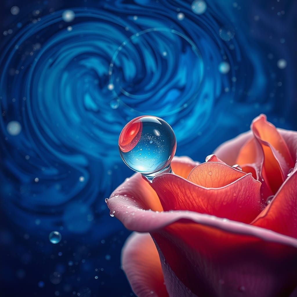 Starry Night Crystal Touches Rose Leaf in Whimsical Dreamlik...