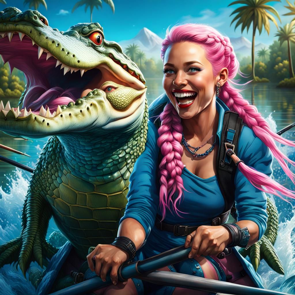 Woman Skiing on Alligators in Bayou with Braids