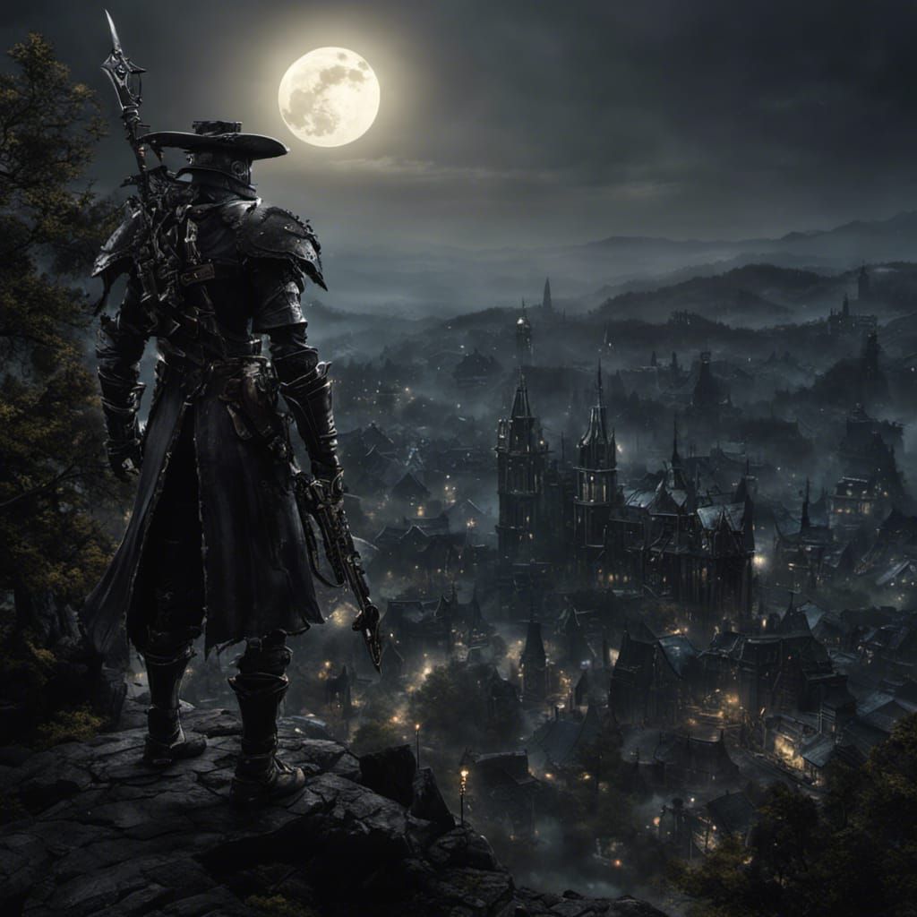 Mecha Warrior Overlooking Moonlit Landscape in Dark Fantasy ...