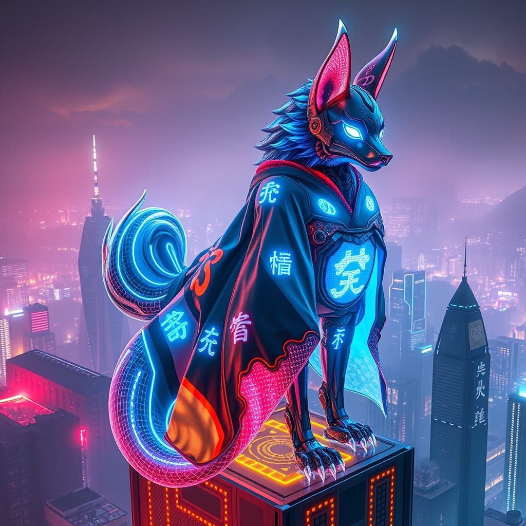 Cyberpunk Kitsune Emperor Reigns Over Futuristic Metropolis